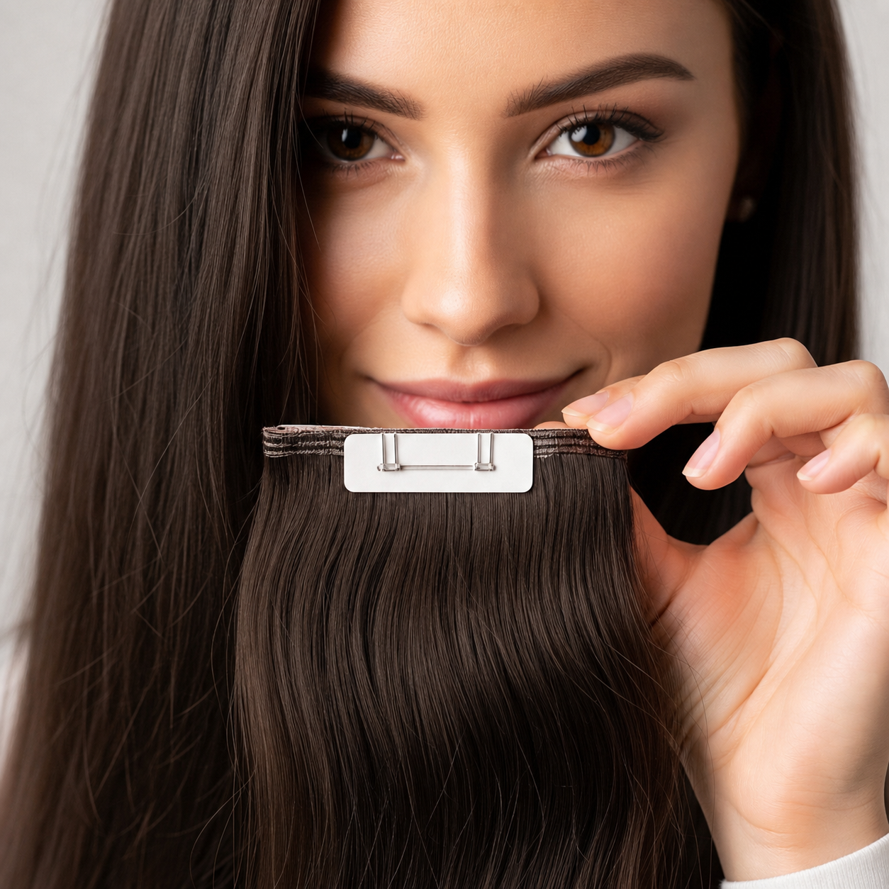 Stylist holding a dark straight clip-in hair extension for close inspection
