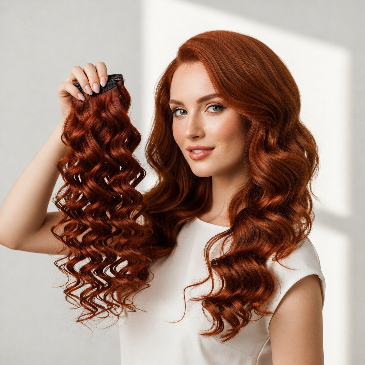 Woman holding a wavy auburn hair extension beside her natural hair